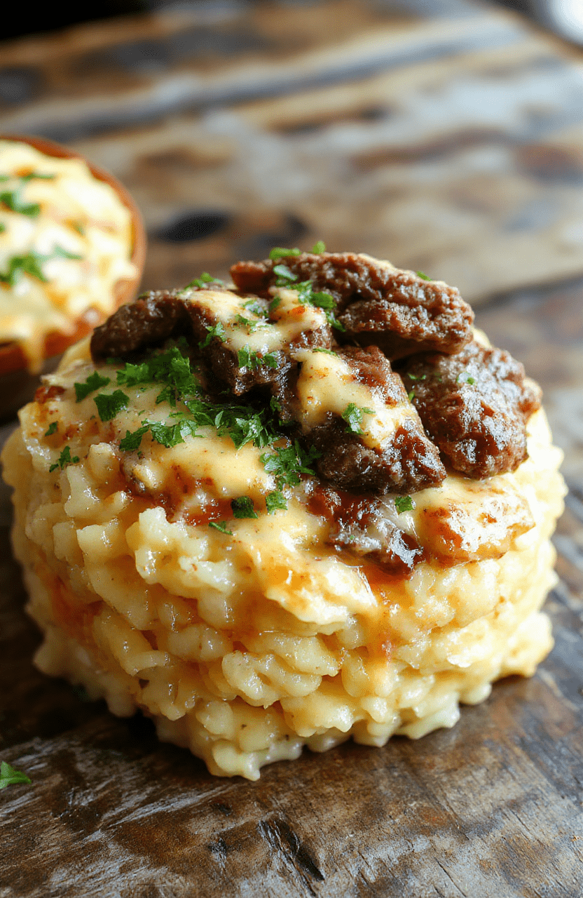 A vibrant plate featuring creamy cheese-infused rice topped with tender, juicy steak strips, garnished with fresh herbs and a side of colorful vegetables, styled simply for an inviting, homey presentation.