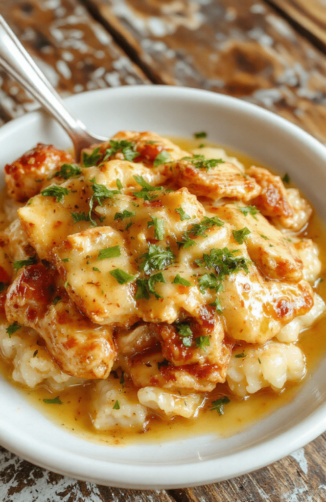A creamy bowl of chicken and rice on a rustic wooden table with a sprig of herbs, soft natural lighting highlighting the fluffy rice and tender chicken.