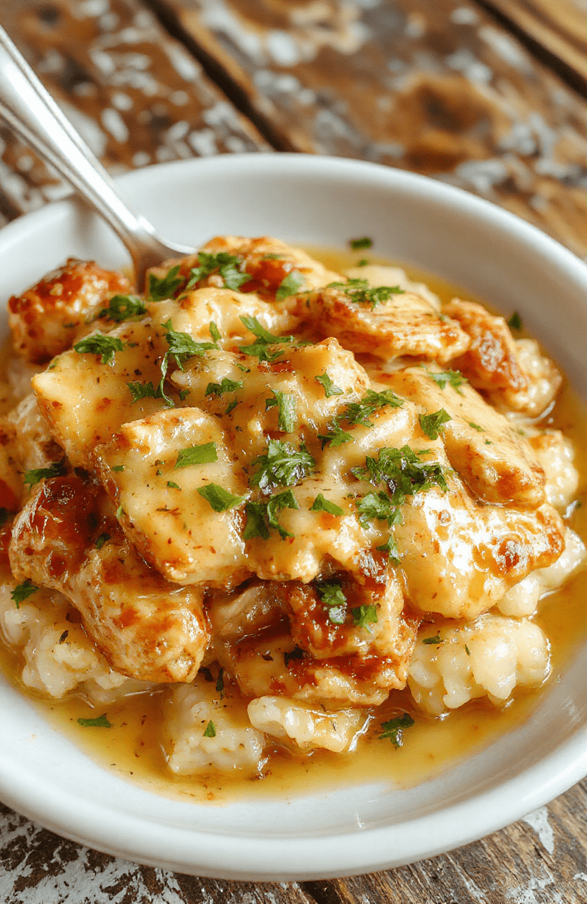 A creamy bowl of chicken and rice on a rustic wooden table with a sprig of herbs, soft natural lighting highlighting the fluffy rice and tender chicken.