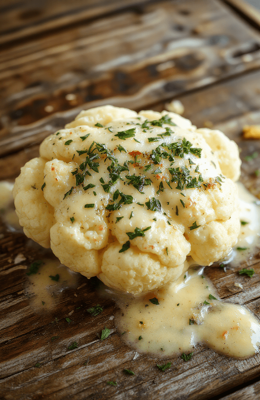 A vibrant creamy vegan butter cauliflower dish served on a white plate, featuring tender cauliflower florets coated in a smooth, golden sauce, garnished with fresh herbs, styled on a rustic wooden table with natural lighting highlighting the rich textures and colors.