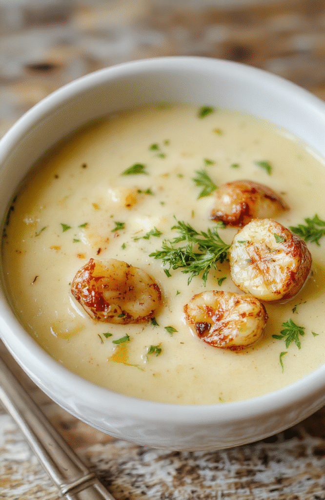 A bowl of creamy vegan roasted garlic potato soup with golden roasted garlic cloves, garnished with fresh herbs, served in a rustic white bowl on a wooden surface, with a backdrop of roasted garlic bulbs and chopped herbs, with a smooth, inviting texture and vibrant colors.
