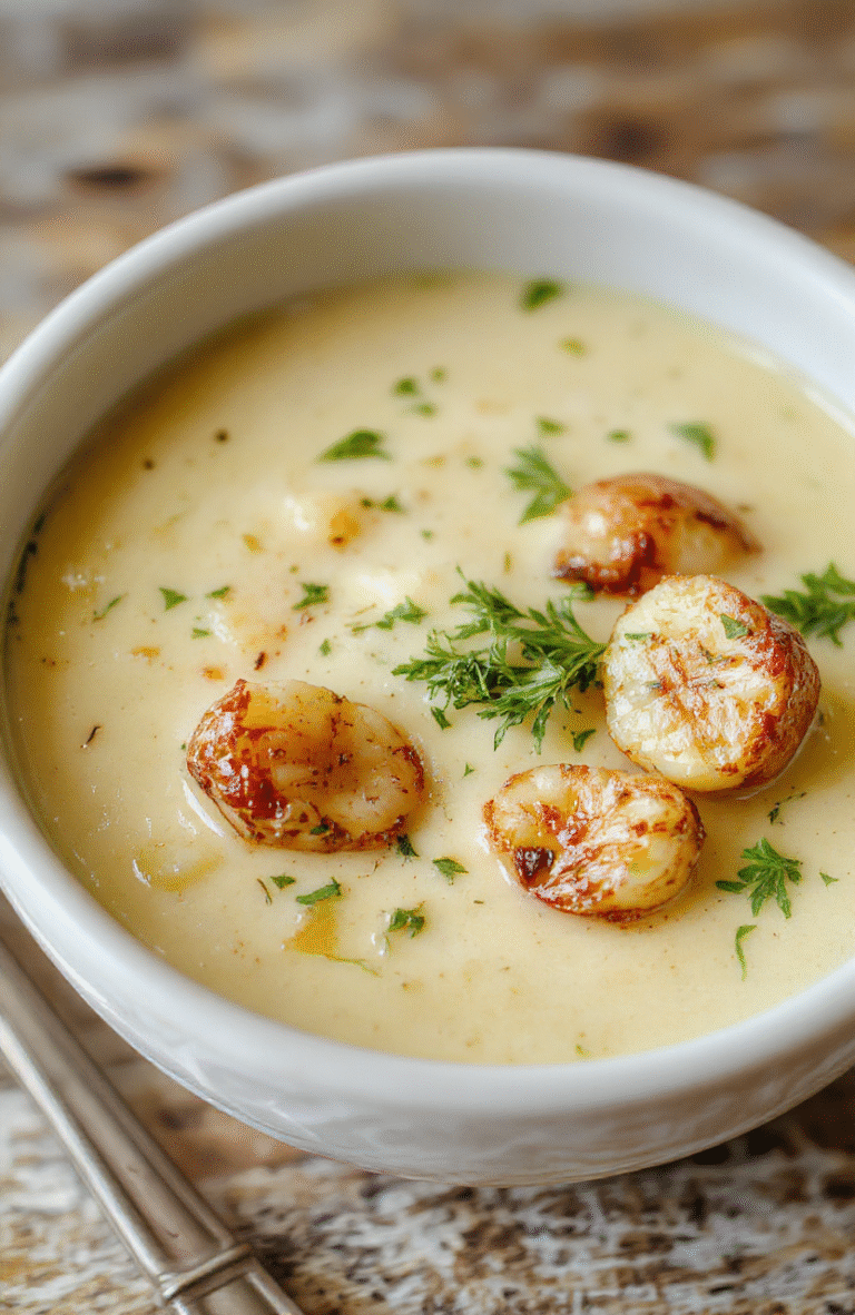 A bowl of creamy vegan roasted garlic potato soup with golden roasted garlic cloves, garnished with fresh herbs, served in a rustic white bowl on a wooden surface, with a backdrop of roasted garlic bulbs and chopped herbs, with a smooth, inviting texture and vibrant colors.