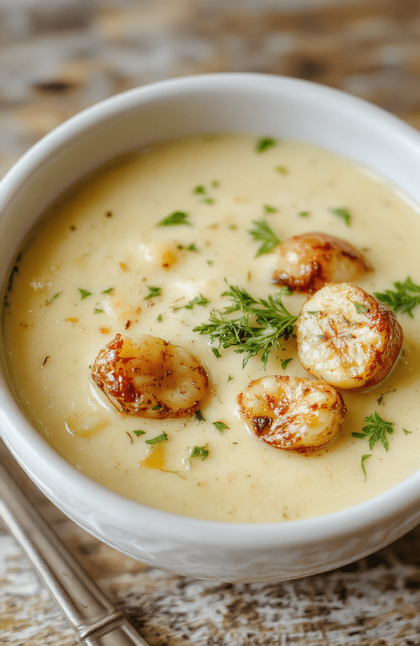 A bowl of creamy vegan roasted garlic potato soup with golden roasted garlic cloves, garnished with fresh herbs, served in a rustic white bowl on a wooden surface, with a backdrop of roasted garlic bulbs and chopped herbs, with a smooth, inviting texture and vibrant colors.