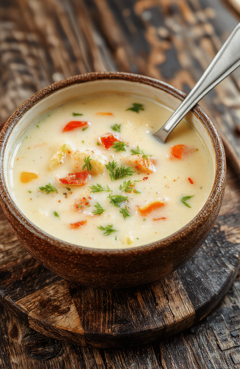 A vibrant bowl of creamy vegetable soup with a swirl of cream on top, surrounded by fresh chopped vegetables and herbs, served in a rustic white bowl on a wooden surface, with a spoon and a linen napkin nearby, natural daylight highlighting the textures and colors.