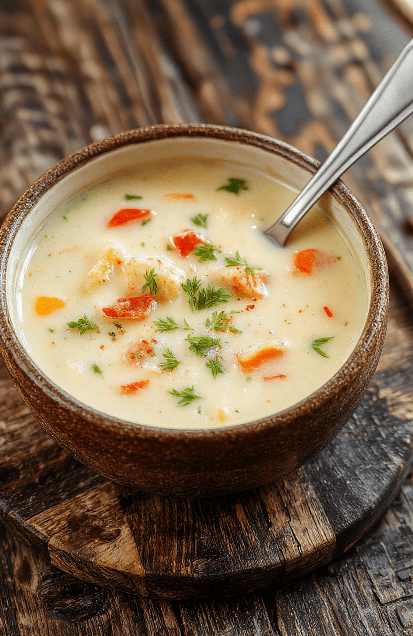 A vibrant bowl of creamy vegetable soup with a swirl of cream on top, surrounded by fresh chopped vegetables and herbs, served in a rustic white bowl on a wooden surface, with a spoon and a linen napkin nearby, natural daylight highlighting the textures and colors.