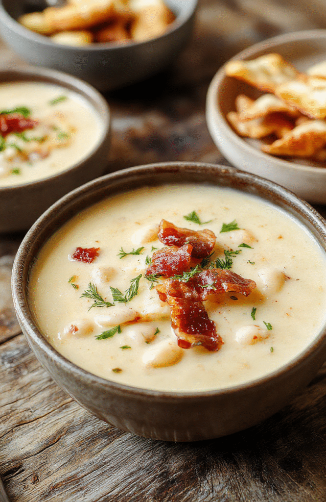 A warm bowl of creamy white bean soup garnished with crispy bacon crumbles, fresh herbs, served on a rustic wooden table with a spoon and a slice of crusty bread, vibrant colors, and inviting textures.