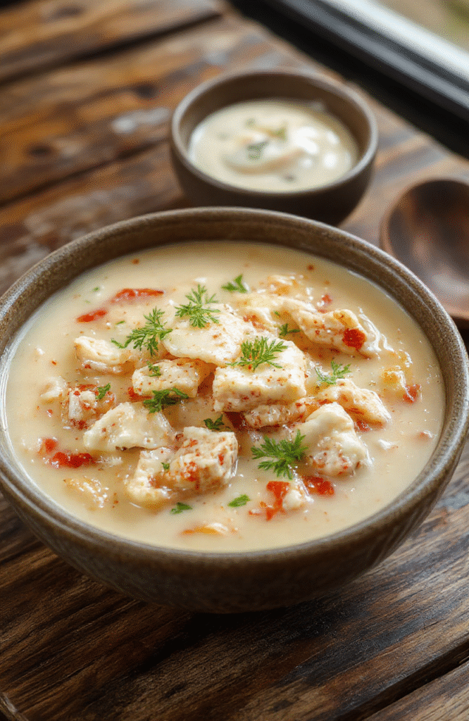 A warm bowl of creamy white chicken chili garnished with fresh cilantro and shredded cheese, with visible chunks of tender chicken, beans, and spices, styled on a rustic wooden table with a cozy atmosphere.