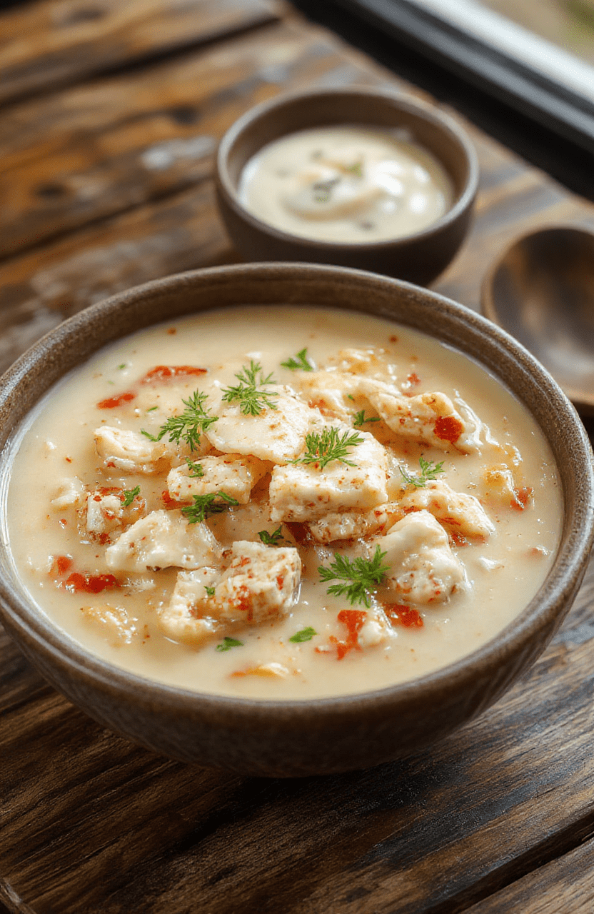 A warm bowl of creamy white chicken chili garnished with fresh cilantro and shredded cheese, with visible chunks of tender chicken, beans, and spices, styled on a rustic wooden table with a cozy atmosphere.