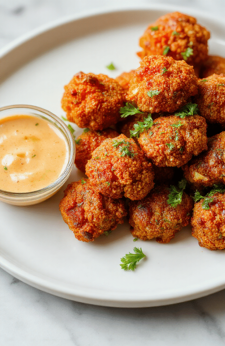 A vibrant plate of crispy buffalo cauliflower bites coated in spicy sauce, garnished with fresh parsley, served on a white dish with a side of dipping sauce, showcasing a golden-brown, crunchy texture, and colorful garnish.