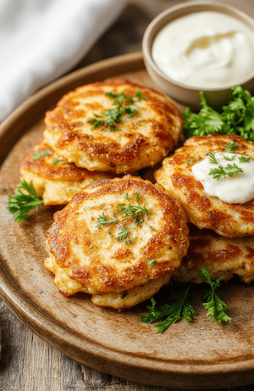Golden brown crispy German potato pancakes stacked on a rustic wooden plate, garnished with fresh parsley, with a crispy texture and visible shredded potatoes, served alongside sour cream, styled simply with natural lighting and soft shadows