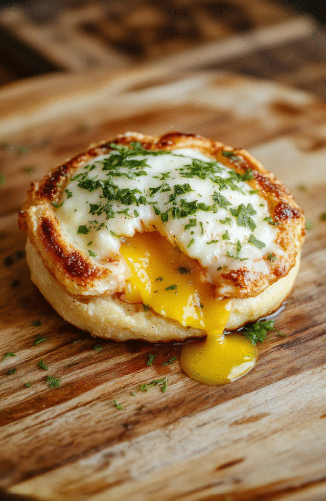 A golden-brown puff pastry square topped with a perfectly fried egg, melted cheese, and slices of ham, garnished with fresh herbs on a rustic wooden plate with a soft, blurred background of brunch setting.