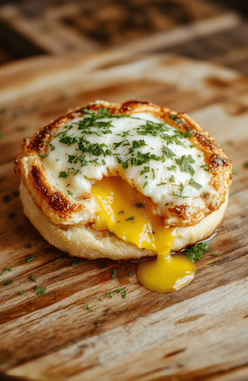 A golden-brown puff pastry square topped with a perfectly fried egg, melted cheese, and slices of ham, garnished with fresh herbs on a rustic wooden plate with a soft, blurred background of brunch setting.