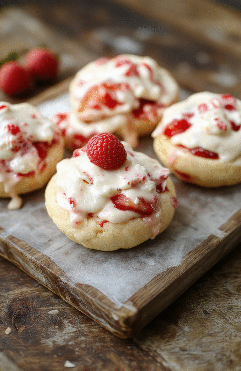 Colorful, beautifully arranged strawberry cream puffs with a golden pastry shell filled with luscious cream and fresh strawberries, styled on a rustic wooden table with natural light highlighting their glossy glaze and delicate textures.