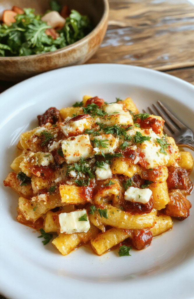 A vibrant plate of baked feta veggie pasta featuring al dente spaghetti topped with crumbled feta cheese, cherry tomatoes, zucchini, and fresh basil, glistening with olive oil on a rustic white plate, styled casually with colorful fresh ingredients around for an inviting, wholesome look.