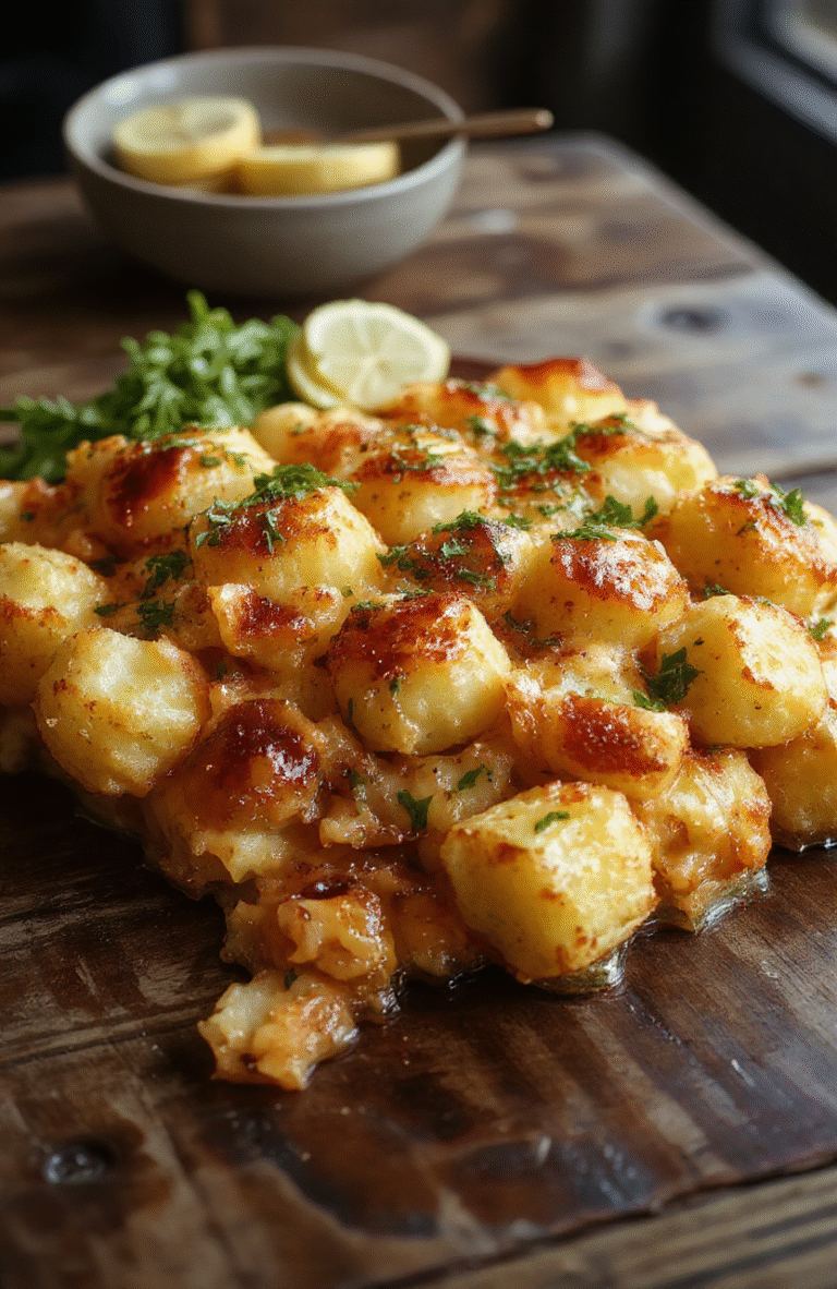 A colorful dish of golden-brown tater tot casserole in a rustic baking dish topped with melted cheese and fresh herbs, surrounded by ingredients like sour cream and vegetables, styled simply with a cozy kitchen backdrop.