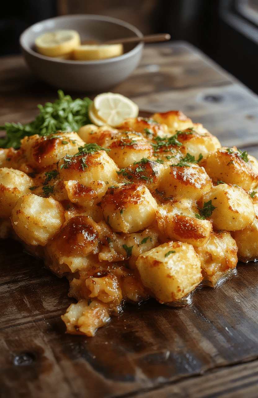 A colorful dish of golden-brown tater tot casserole in a rustic baking dish topped with melted cheese and fresh herbs, surrounded by ingredients like sour cream and vegetables, styled simply with a cozy kitchen backdrop.