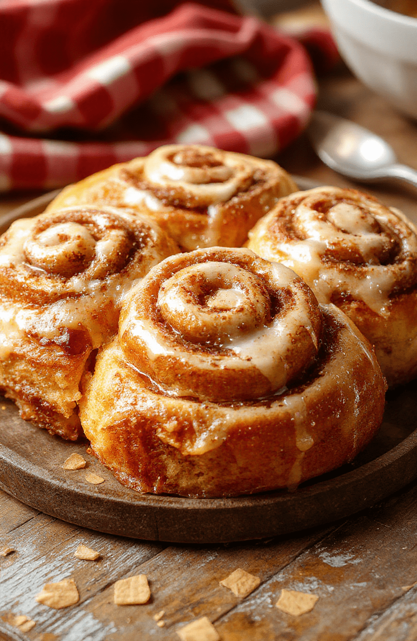A plate of warm pumpkin cinnamon rolls topped with a drizzle of icing, surrounded by a cinnamon stick and pumpkin slices, styled on a rustic wooden table with soft lighting, highlighting the gooey texture and vibrant orange pumpkin flavor.