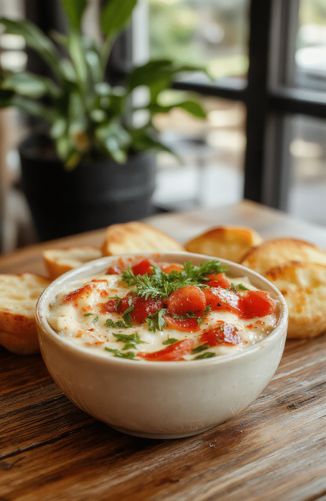 A vibrant bowl of bruschetta dip with diced tomatoes, fresh basil, and minced garlic on a rustic wooden table, garnished with olive oil and served with crispy baguette slices. The colorful ingredients contrast beautifully with the creamy dip, styled with a modern yet casual aesthetic.