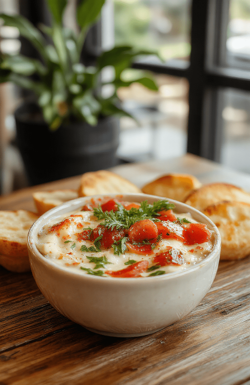 A vibrant bowl of bruschetta dip with diced tomatoes, fresh basil, and minced garlic on a rustic wooden table, garnished with olive oil and served with crispy baguette slices. The colorful ingredients contrast beautifully with the creamy dip, styled with a modern yet casual aesthetic.