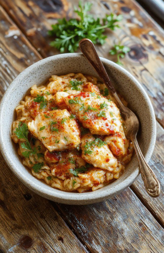 A vibrant plate of Cajun chicken atop creamy orzo pasta garnished with fresh herbs, served on a rustic white ceramic plate, with colorful bell peppers and a sprinkle of Cajun seasoning, styled with natural light highlighting textures and rich colors.
