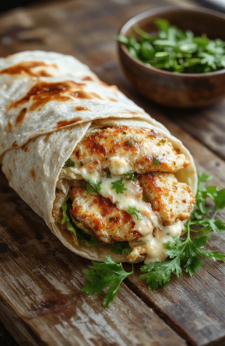 A vibrant chicken caesar wrap on a white plate, filled with crispy romaine lettuce, grilled chicken slices, and shaved parmesan, wrapped in a toasted flour tortilla, garnished with a drizzle of Caesar dressing and a lemon wedge, styled simply with a rustic wooden background.