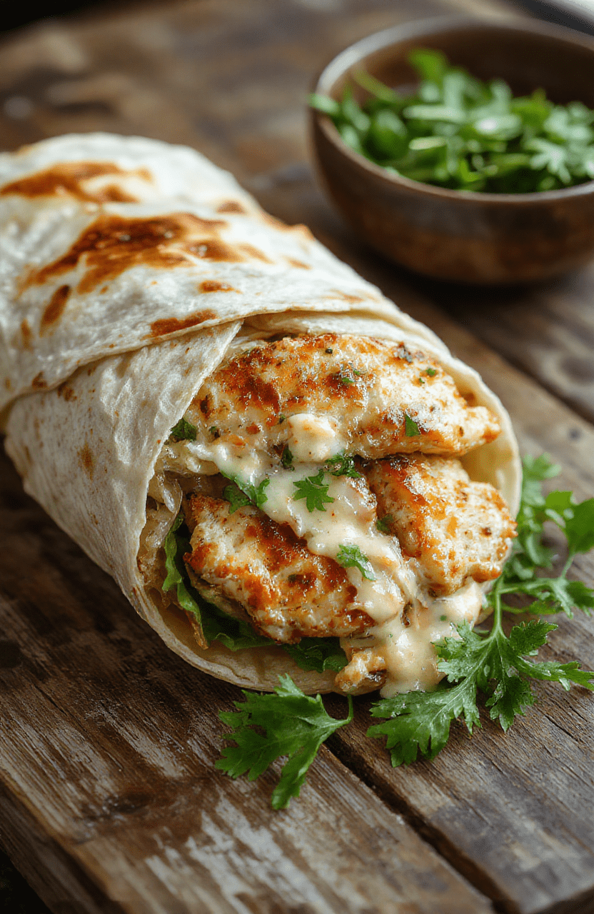 A vibrant chicken caesar wrap on a white plate, filled with crispy romaine lettuce, grilled chicken slices, and shaved parmesan, wrapped in a toasted flour tortilla, garnished with a drizzle of Caesar dressing and a lemon wedge, styled simply with a rustic wooden background.