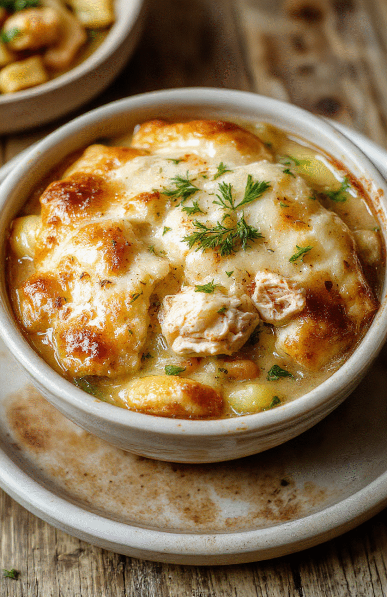 A warm and inviting chicken pot pie served in a rustic white bowl. The crust is golden and flaky, with steaming chicken and vegetable filling visible. The pie is garnished with fresh herbs, placed on a wooden surface with a soft background, highlighting its comforting appeal.