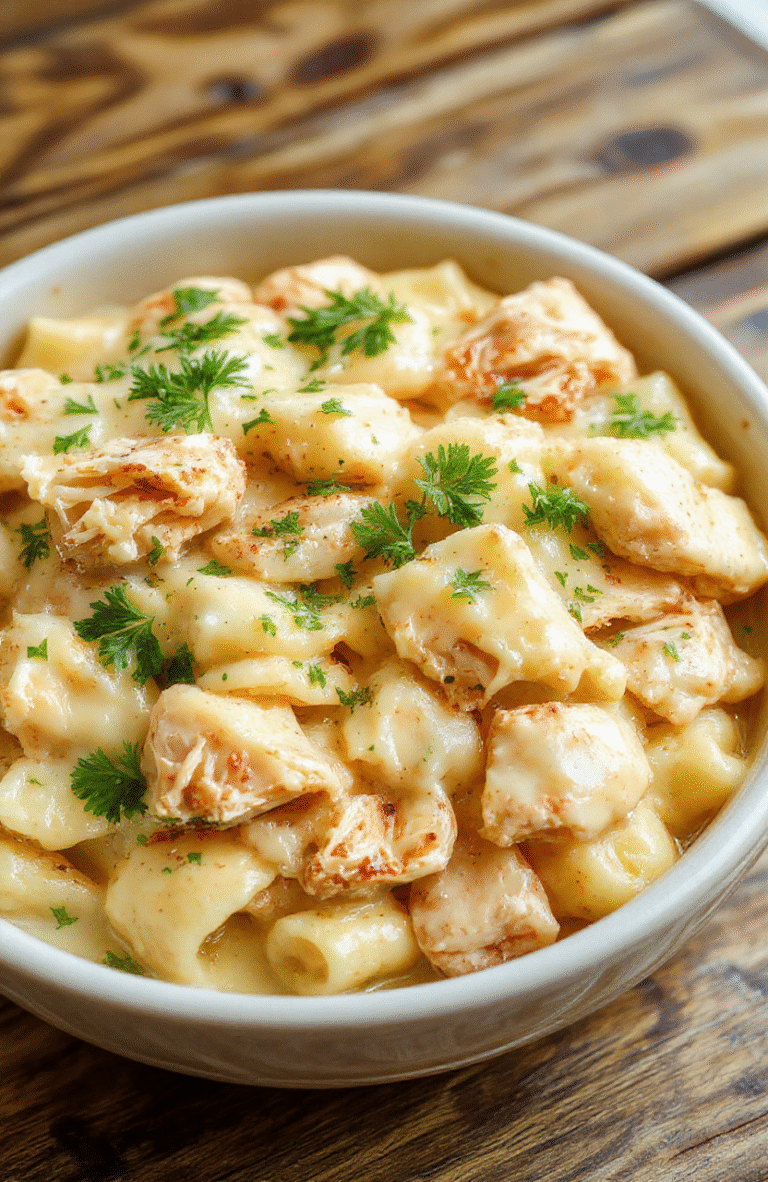 A creamy bowl of Crockpot Chicken Alfredo with tender shredded chicken, al dente pasta, and a rich cheese sauce garnished with parsley, all presented on a rustic wooden table with a light background, displaying a cozy and inviting meal.