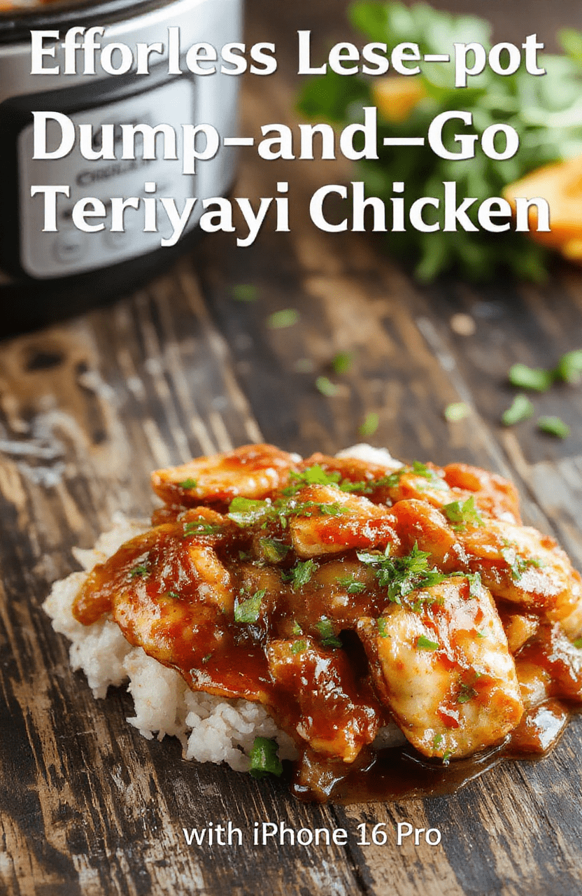 A vibrant bowl of shredded crockpot teriyaki chicken garnished with sesame seeds and chopped green onions, served on a white plate with steamed rice and snap peas, with a glossy sauce coating the tender meat, styled simply on a rustic wooden table.