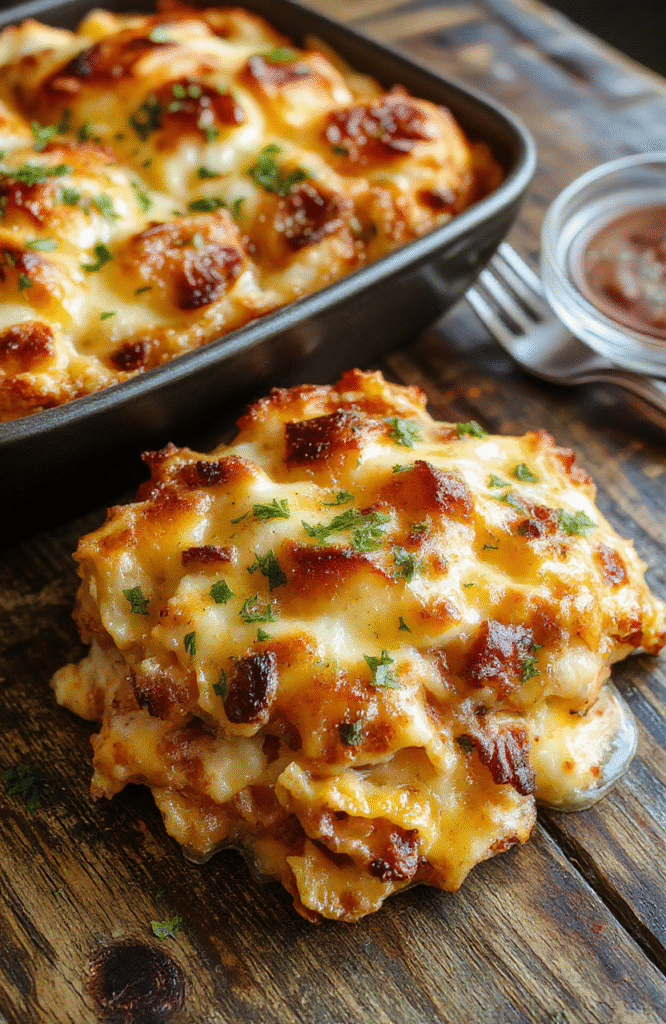 A vibrant plate of Hobo Casserole featuring ground beef, mixed vegetables, and melted cheese, presented on a rustic wooden table with fresh herbs, textured layers, and inviting colors.