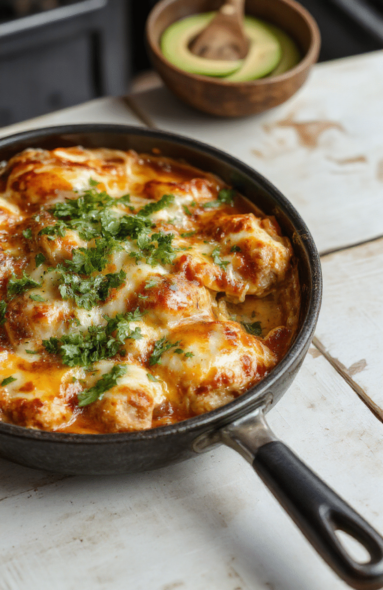 A colorful enchilada skillet served in a cast iron pan, topped with melted cheese, fresh cilantro, and sliced jalapenos. Vibrant red sauce, golden cheese, and garnished with chopped green onions, with a side of warm tortillas and fresh ingredients around for a casual meal.