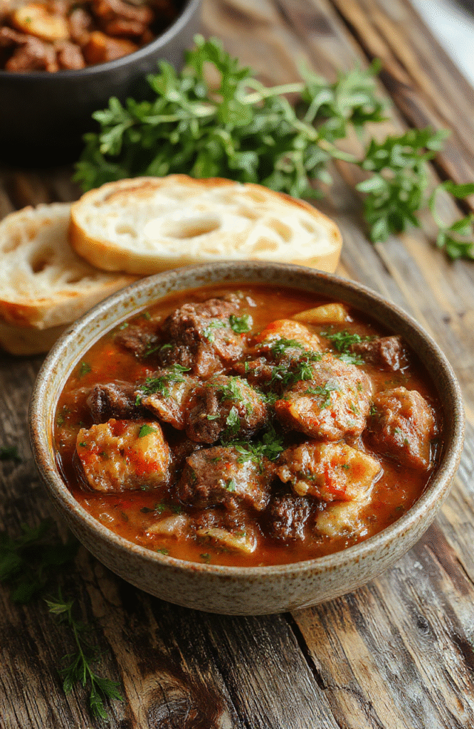 A bowl of hearty beef stew with tender chunks of beef, carrots, potatoes, and green beans in a rich gravy, served on a rustic wooden table with fresh herbs and crusty bread in the background.
