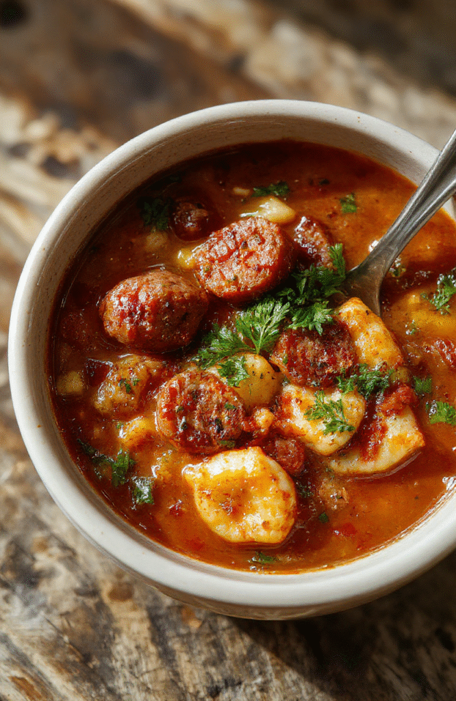 A vibrant bowl of Italian sausage tortellini soup featuring juicy sausage slices, plump tortellini pasta immersed in a rich tomato broth, garnished with fresh herbs and grated cheese, styled on a rustic wooden surface with warm lighting, highlighting textures and vivid colors.