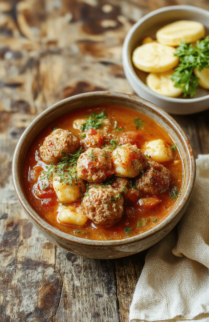 A bowl of meatball tortellini soup featuring tender meatballs, vibrant tortellini pasta, fresh herbs, and a rich broth garnished with grated cheese, styled on a rustic wooden surface with a cozy, warm ambiance.