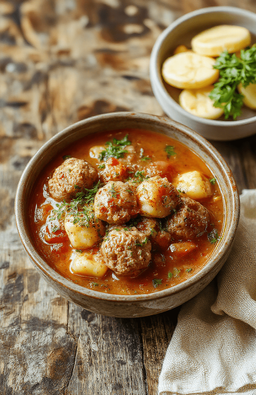A bowl of meatball tortellini soup featuring tender meatballs, vibrant tortellini pasta, fresh herbs, and a rich broth garnished with grated cheese, styled on a rustic wooden surface with a cozy, warm ambiance.