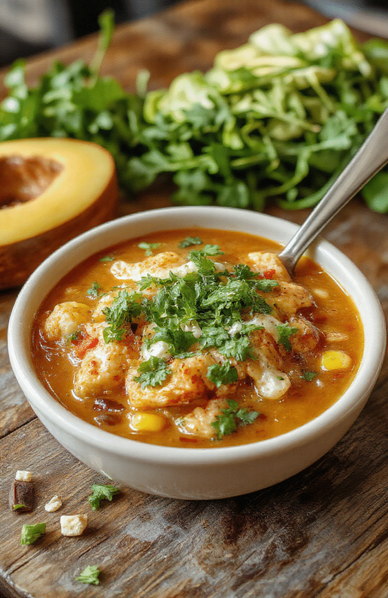 A vibrant bowl of Mexican street corn white chicken chili featuring creamy broth with chunks of tender chicken, topped with grilled corn, fresh cilantro, and a dollop of sour cream, arranged on a rustic wooden table with a sprinkle of spices and lime wedges for garnish.