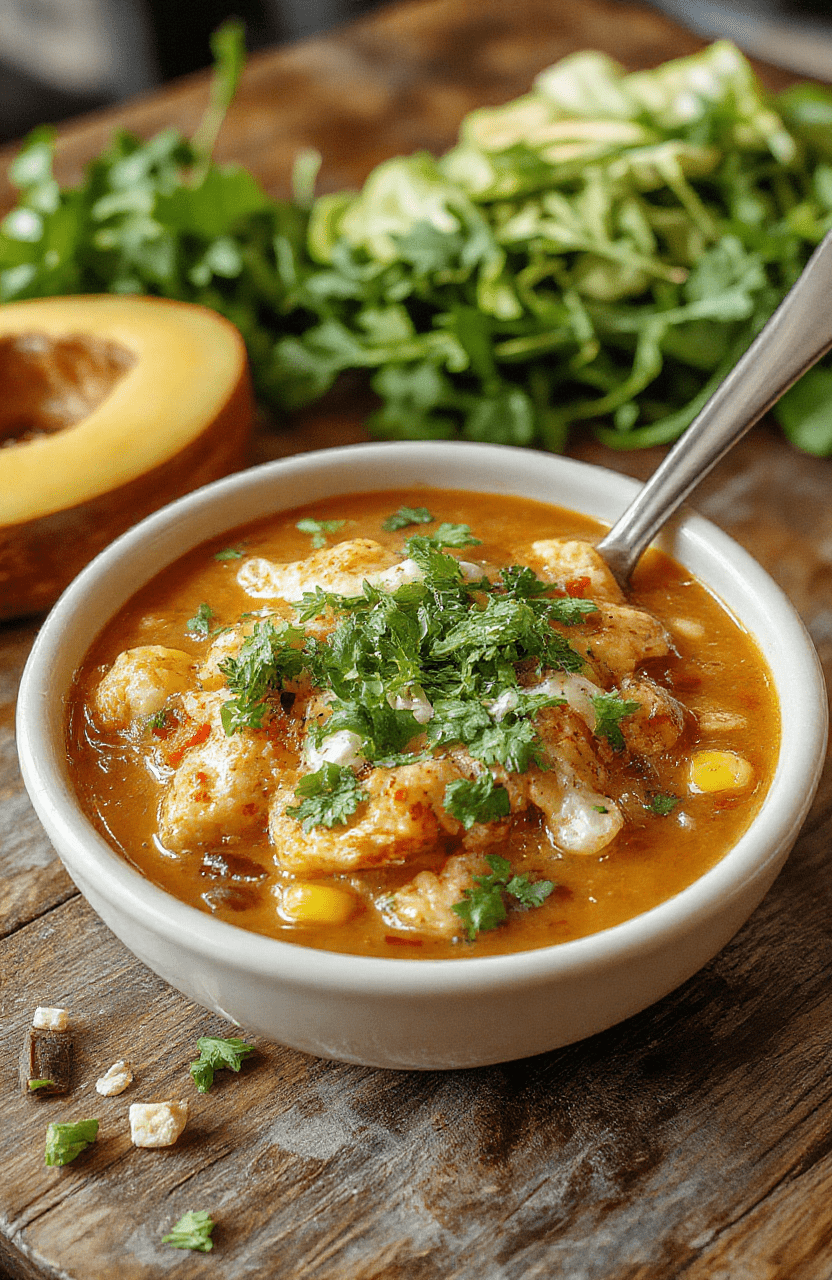 A vibrant bowl of Mexican street corn white chicken chili featuring creamy broth with chunks of tender chicken, topped with grilled corn, fresh cilantro, and a dollop of sour cream, arranged on a rustic wooden table with a sprinkle of spices and lime wedges for garnish.