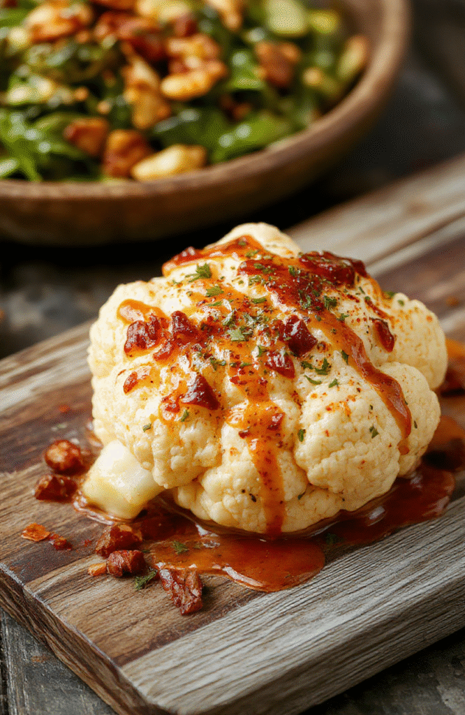 A vibrant plate of roasted cauliflower florets glazed with a glossy tahini-honey drizzle, garnished with fresh herbs on a rustic wooden table, showcasing bright colors and crispy textures, styled simply for natural appeal.