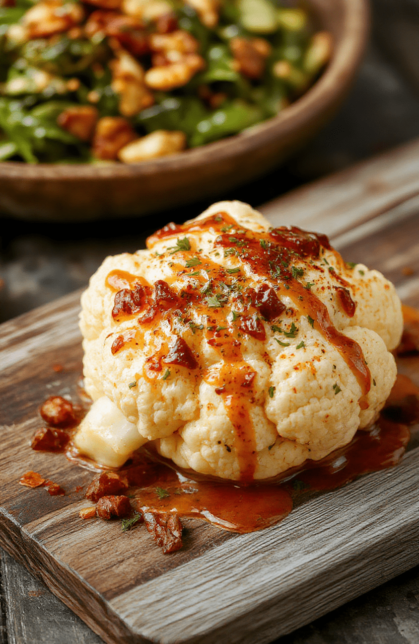 A vibrant plate of roasted cauliflower florets glazed with a glossy tahini-honey drizzle, garnished with fresh herbs on a rustic wooden table, showcasing bright colors and crispy textures, styled simply for natural appeal.