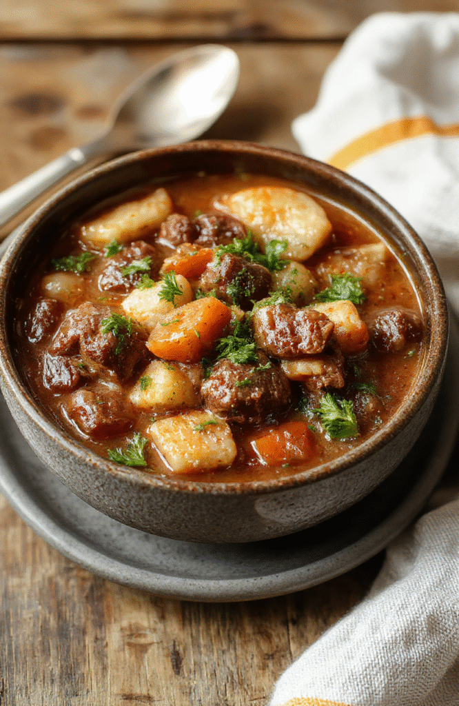 A steaming bowl of hearty beef stew with tender chunks of beef, carrots, potatoes, and peas in a rich brown gravy, garnished with fresh herbs, styled on a rustic wooden table with bread in the background.