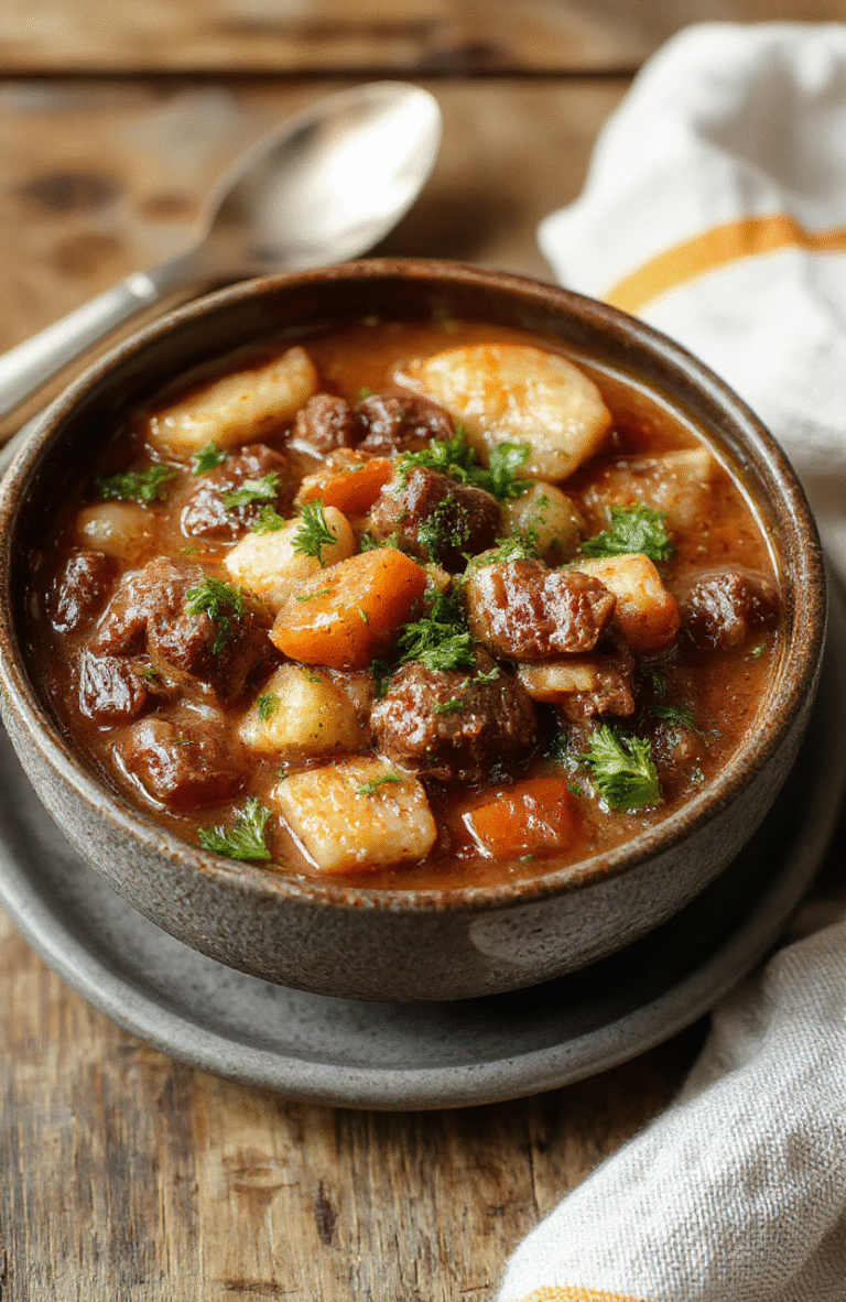 A steaming bowl of hearty beef stew with tender chunks of beef, carrots, potatoes, and peas in a rich brown gravy, garnished with fresh herbs, styled on a rustic wooden table with bread in the background.