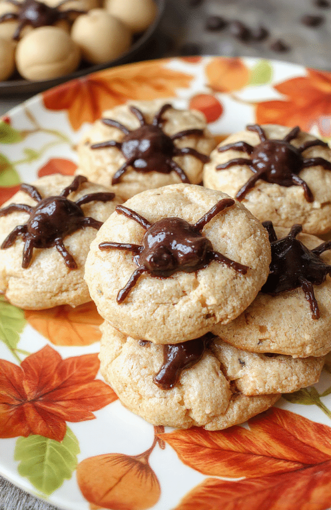 Colorful Halloween spider cookies on a festive plate with orange and black decorations in the background, showing shiny peanut butter cookies topped with chocolate candy eyes and eight licorice legs, textures from smooth peanut butter dough and glossy chocolate accents, styled casually with a fun spooky vibe.