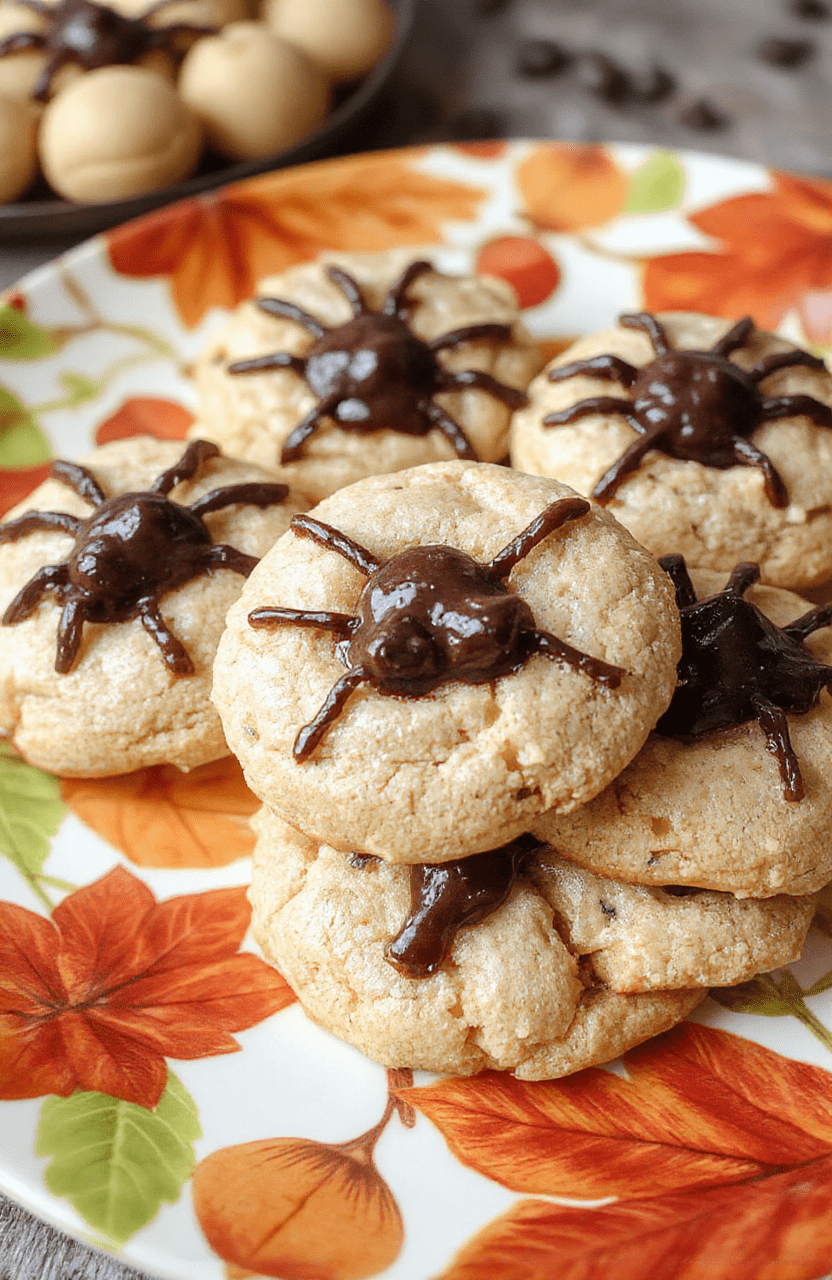 Colorful Halloween spider cookies on a festive plate with orange and black decorations in the background, showing shiny peanut butter cookies topped with chocolate candy eyes and eight licorice legs, textures from smooth peanut butter dough and glossy chocolate accents, styled casually with a fun spooky vibe.