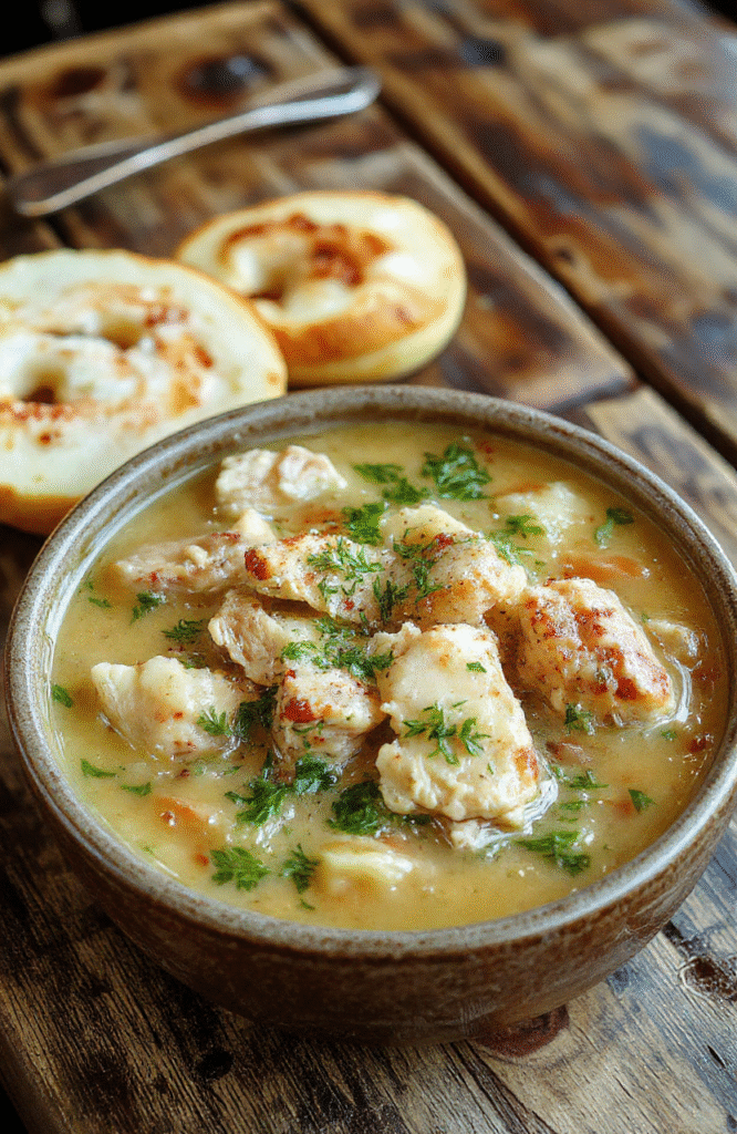 A hearty chicken stew served in a rustic bowl, featuring chunks of tender chicken, vibrant vegetables like carrots and celery, with steam rising, set on a wooden table with a spoon, garnished with fresh herbs and a side of crusty bread.
