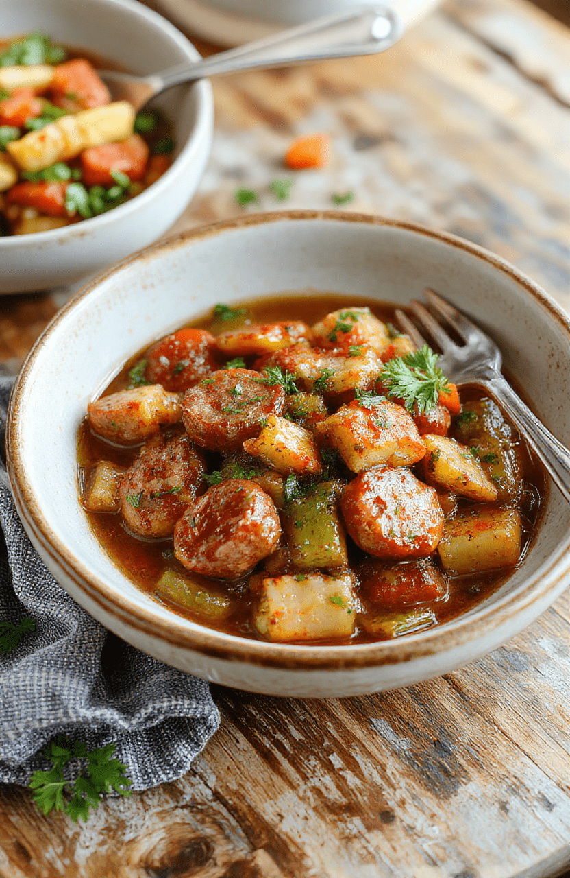 A vibrant plate of cooked sausages nestled on a bed of colorful roasted peppers and onions, garnished with fresh herbs, presented on rustic wooden table with a natural, inviting atmosphere.