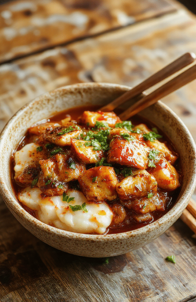 A vibrant chicken rice bowl featuring tender glazed chicken atop fluffy steamed rice, garnished with green onions and sesame seeds. The bowl is colorful with a drizzle of savory sauce, arranged on a rustic wooden surface with a fresh lime wedge on the side, highlighting textures and appetizing appeal.