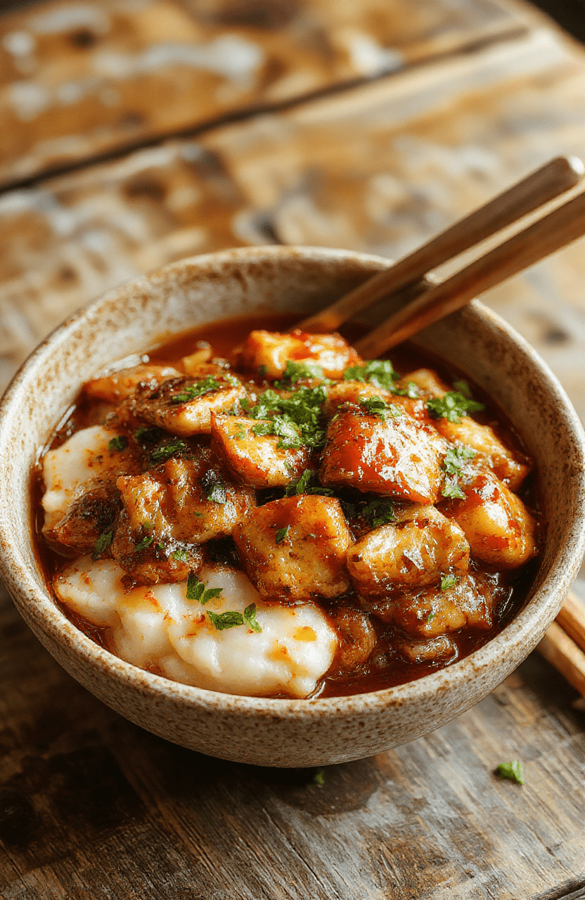 A vibrant chicken rice bowl featuring tender glazed chicken atop fluffy steamed rice, garnished with green onions and sesame seeds. The bowl is colorful with a drizzle of savory sauce, arranged on a rustic wooden surface with a fresh lime wedge on the side, highlighting textures and appetizing appeal.