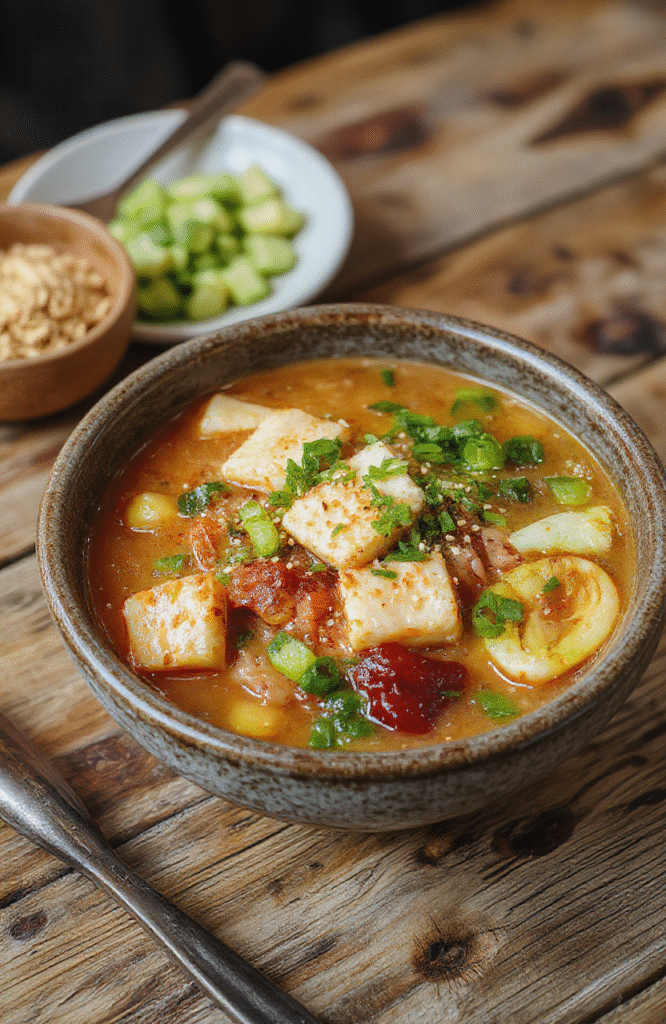 A vibrant bowl of vegan ramen noodles featuring colorful fresh vegetables, silky tofu, and rich broth, garnished with green onions and sesame seeds, styled in a rustic bowl on a wooden table with natural lighting highlighting textures and colors.