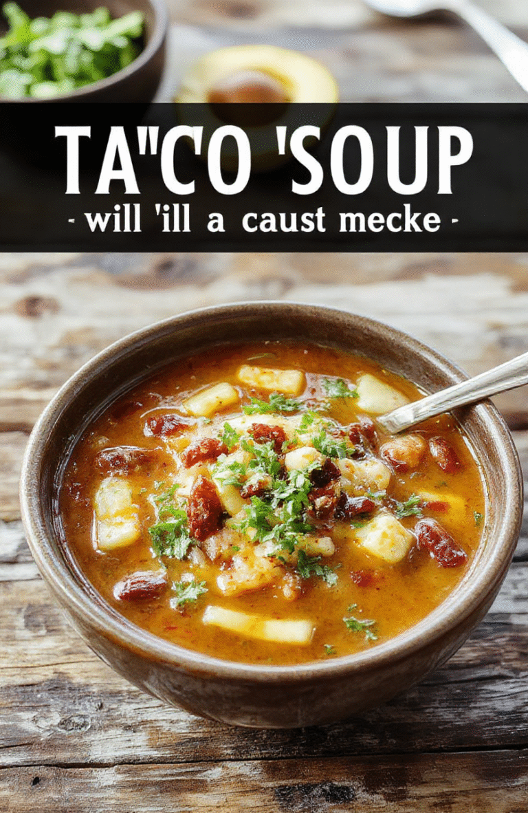 A vibrant bowl of taco soup featuring ground beef, beans, corn, and diced tomatoes topped with shredded cheese, fresh cilantro, and a dollop of sour cream against a rustic wooden table.