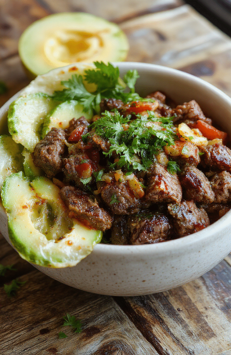 A vibrant low carb steak fajita bowl featuring grilled sliced steak, colorful bell peppers and onions, topped with fresh cilantro and avocado slices, served in a rustic bowl on a wooden surface with a side of lime wedges, highlighting textures and vivid colors.
